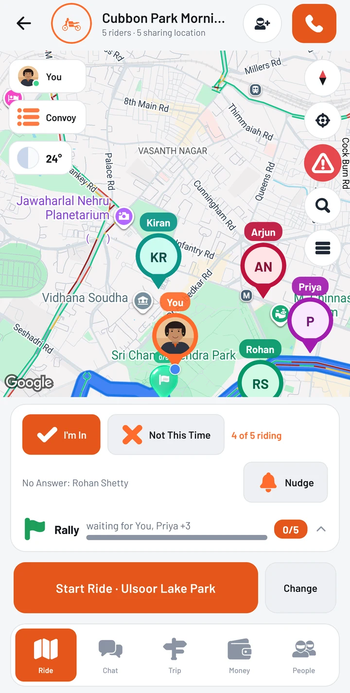 The live group map: every rider in the group on one map