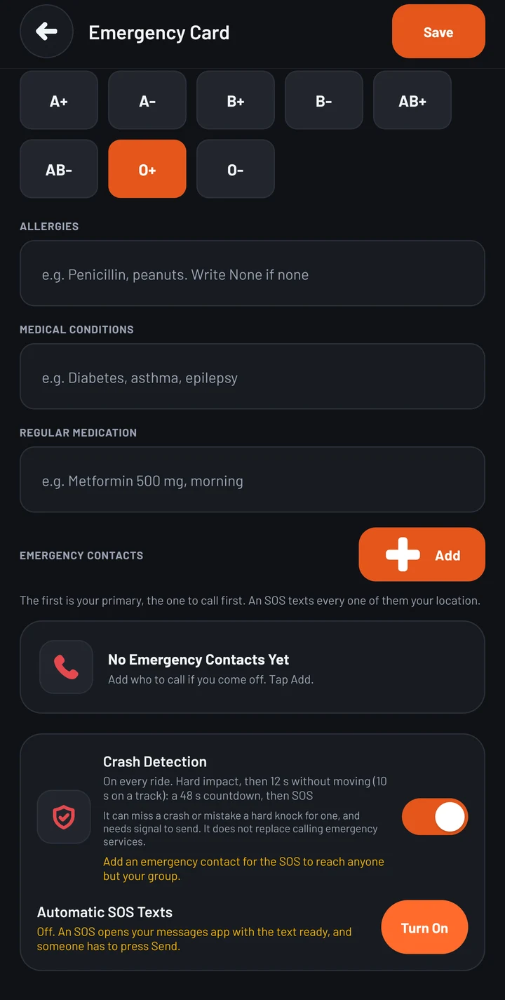 Emergency Card, with Crash Detection